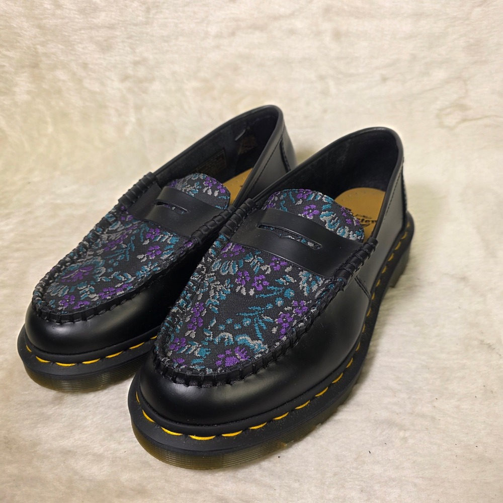 Dr. Martens Penton Leather Penny Loafers Black Floral Brocade 38 Women 7 NEW